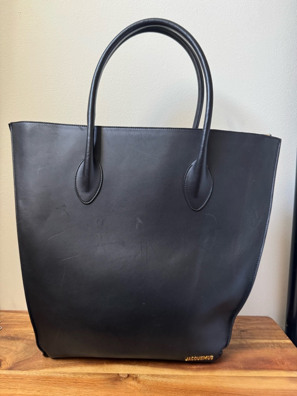 Jacquemus Black Leather Everyday Tote with Gold Logo